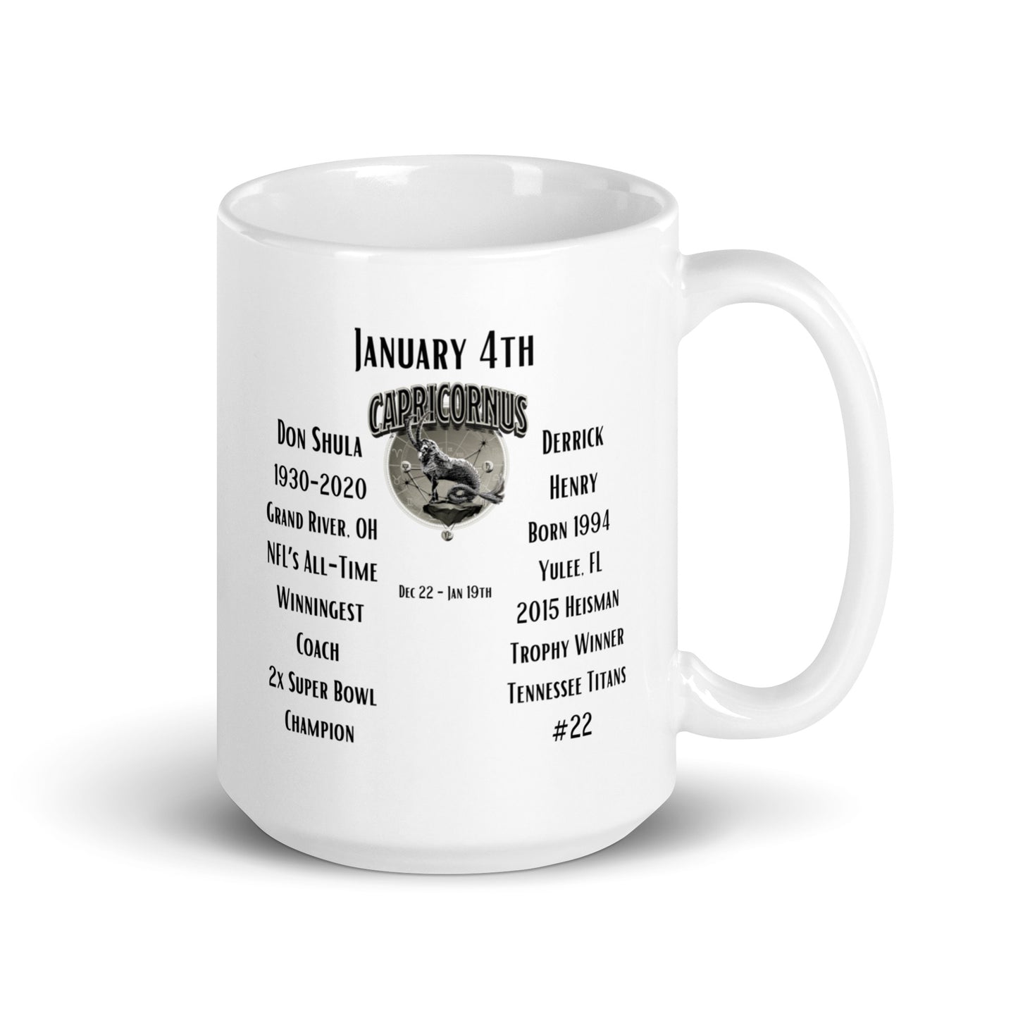 On This Day: Birthday Series - January 04th - (A) Don Shula & Derrick Henry - White glossy mug