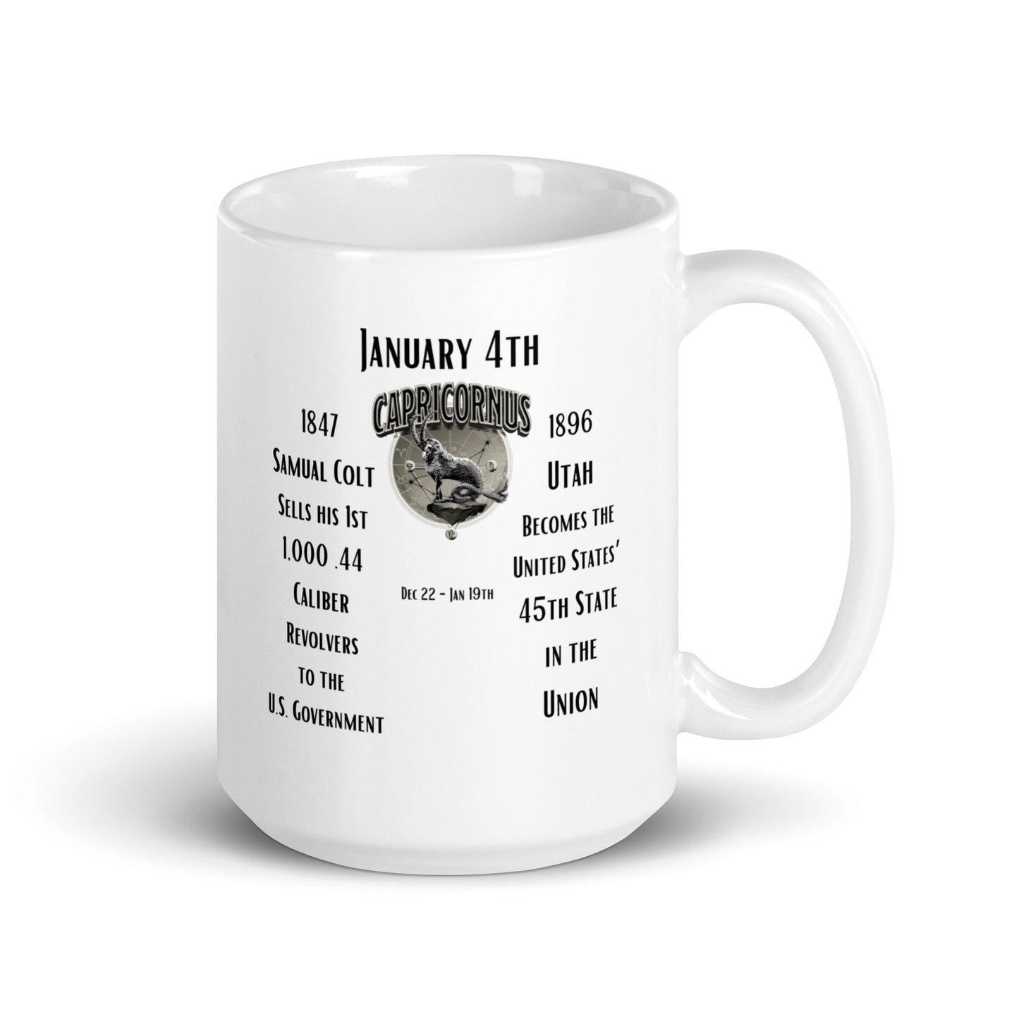 On This Day: Birthday Series - January 04th - (B) Samual Colt & Utah - White glossy mug