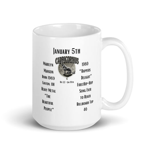 On This Day: Birthday Series - January 05th - (B) Marilyn Manson & "Rappers Delight" - White glossy mug