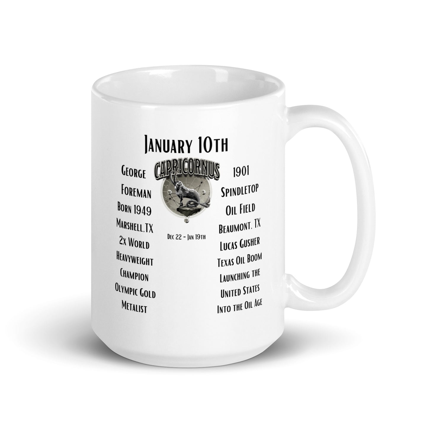 On This Day: Birthday Series - January 10th - (C) George Foreman & Texas Oil Boom - White glossy mug