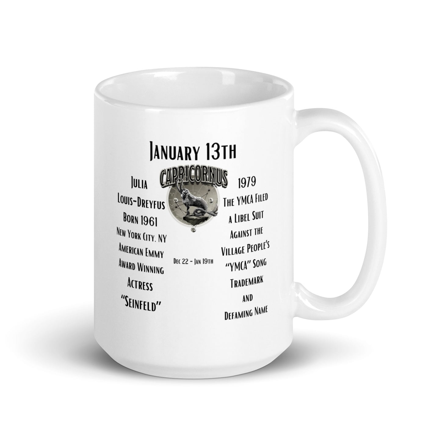 On This Day: Birthday Series - January 13th - (A) Julia Louis-Dreyfus & the Village People- White glossy mug