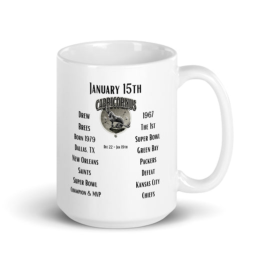 On This Day: Birthday Series - January 15th - (B) Drew Brees & Super Bowl I - White glossy mug