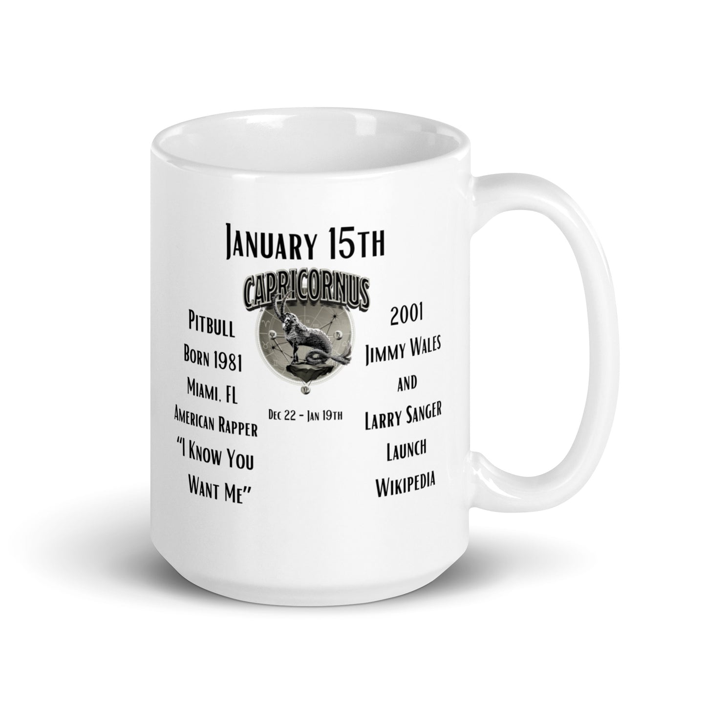 On This Day: Birthday Series - January 15th - (C) Pitbull & Wikipedia - White glossy mug