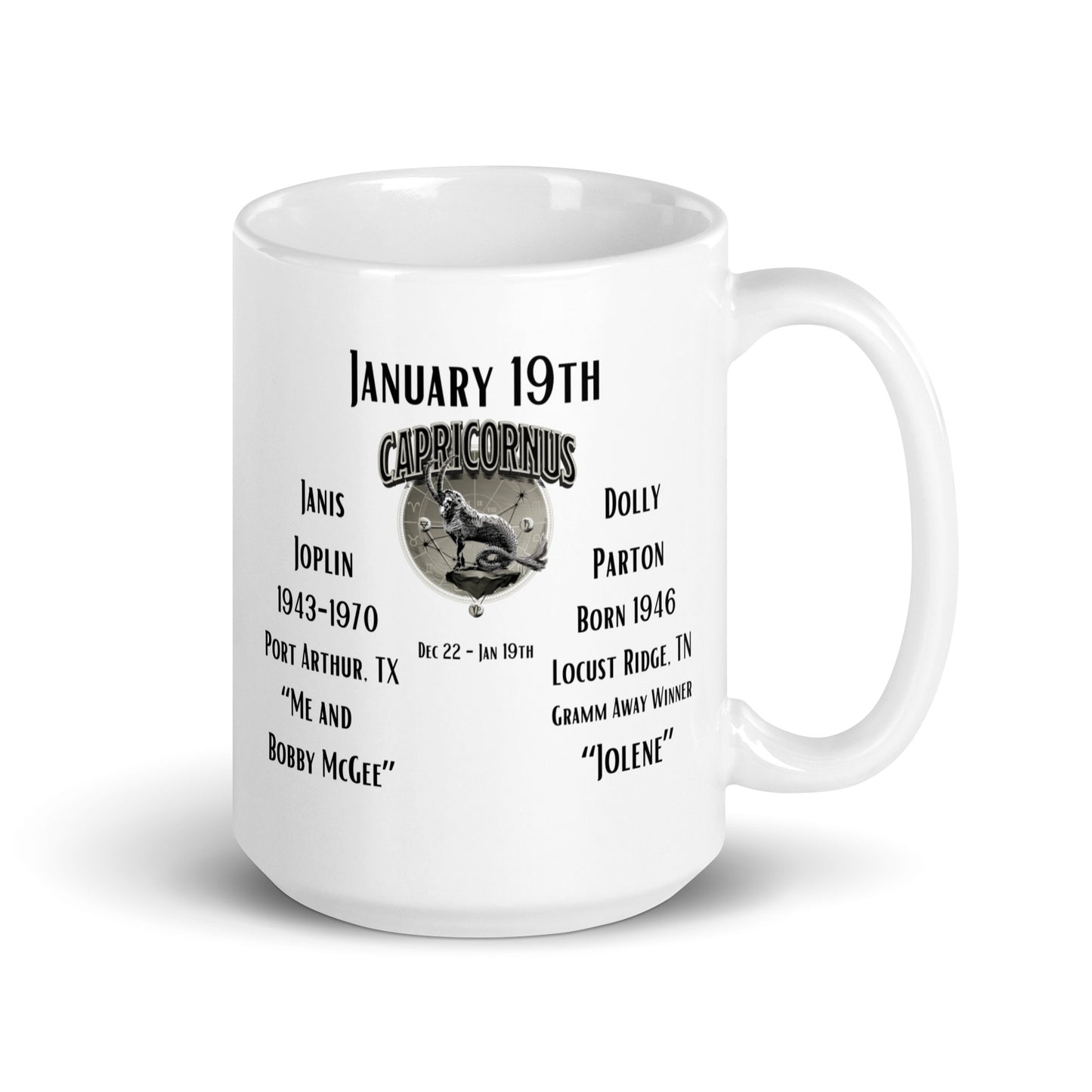 On This Day: Birthday Series - January 19th - (A) Janis Joplin & Dolly Parton - White glossy mug