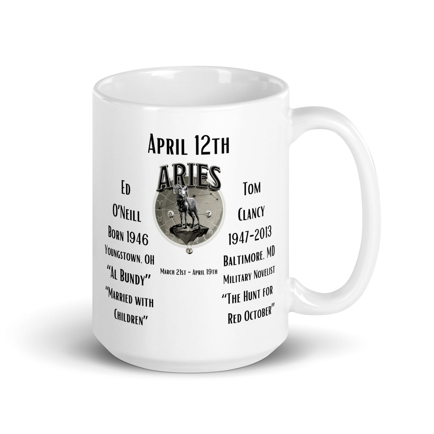 On This Day: Birthday Series - April 12th - (A) Ed O'Neill & Tom Clancy - White glossy mug