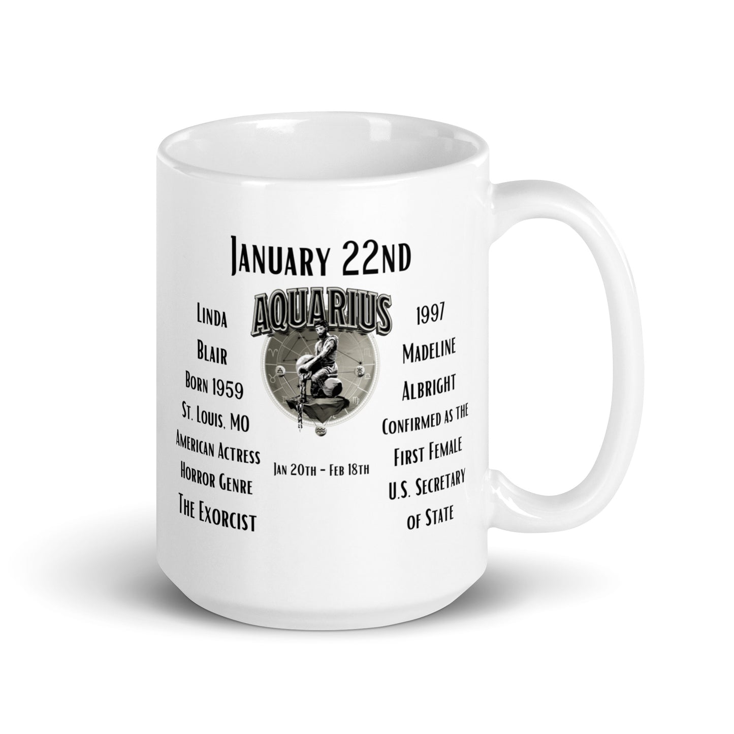 On This Day: Birthday Series - January 22nd - (B) Linda Blair & Madeline Albright - White glossy mug