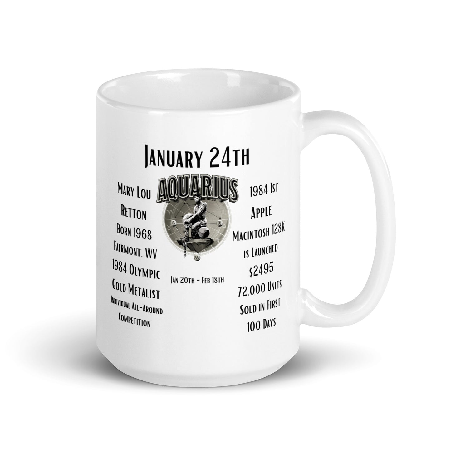 On This Day: Birthday Series - January 24th - (A) Mary Lou Retton & Apple Macintosh - White glossy mug