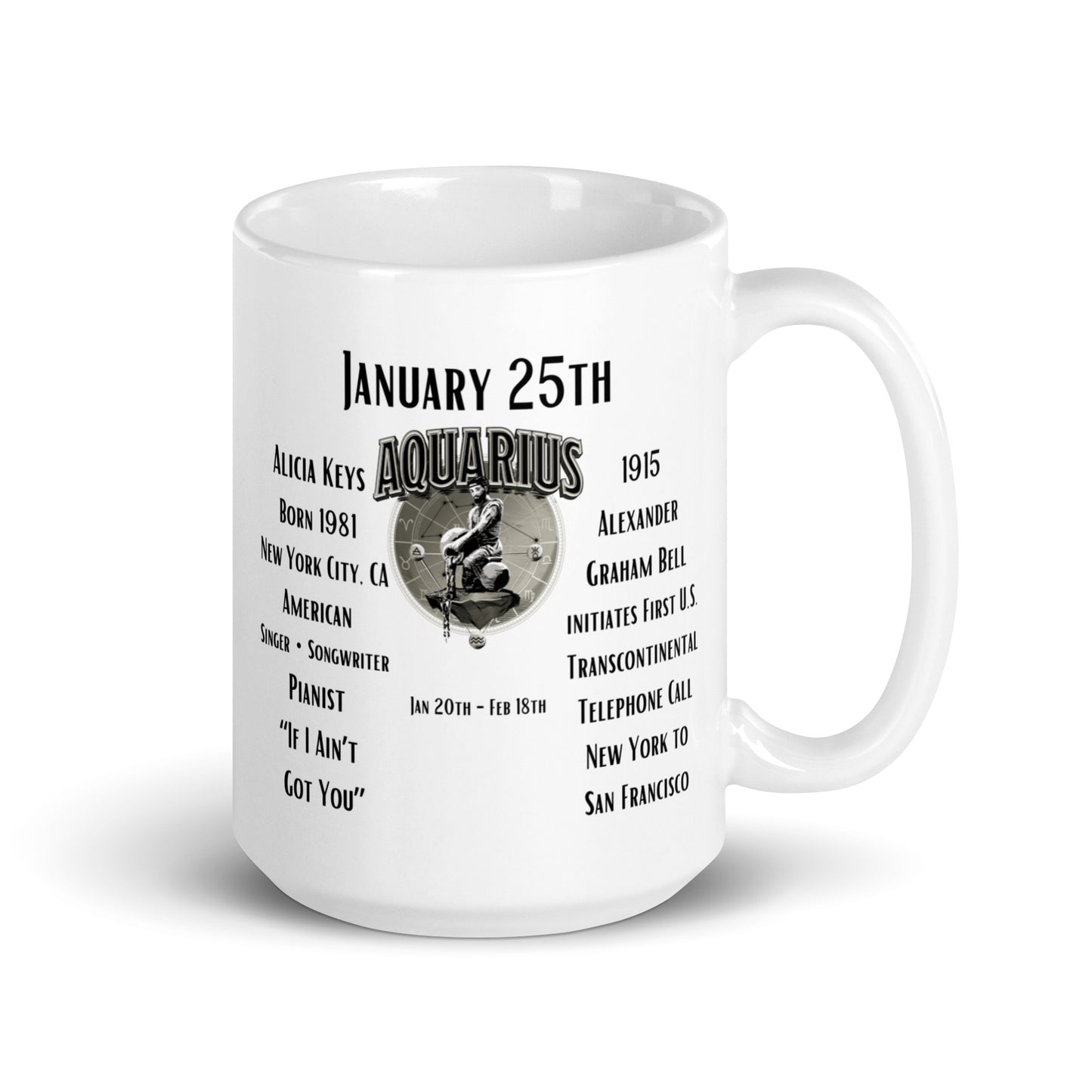 On This Day: Birthday Series - January 25th - (A) Alicia Keys & 1st U.S. Transcontinental Phone Call - White glossy mug