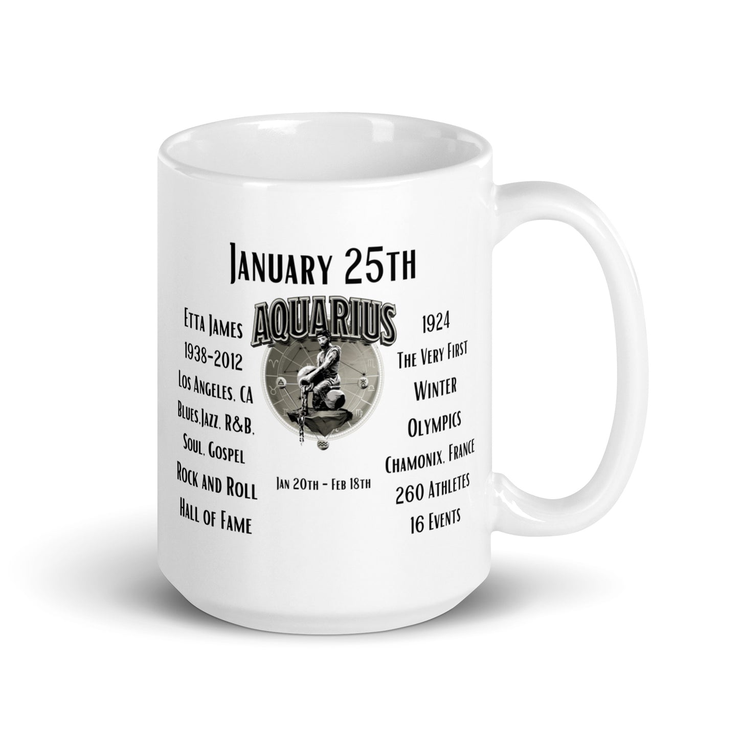 On This Day: Birthday Series - January 25th - (B) Etta James & The 1st Winter Olympics - White glossy mug