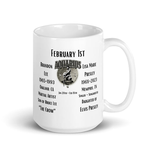 On This Day: Birthday Series - February 01st - (B) Brandon Lee & Lisa Marie Presley - White glossy mug