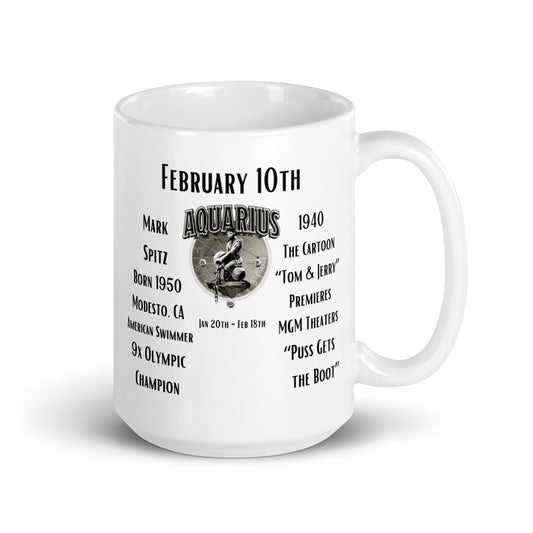 On This Day: Birthday Series - February 10th - (B) Mark Spitz & "Tom & Jerry" Premiers - White glossy mug