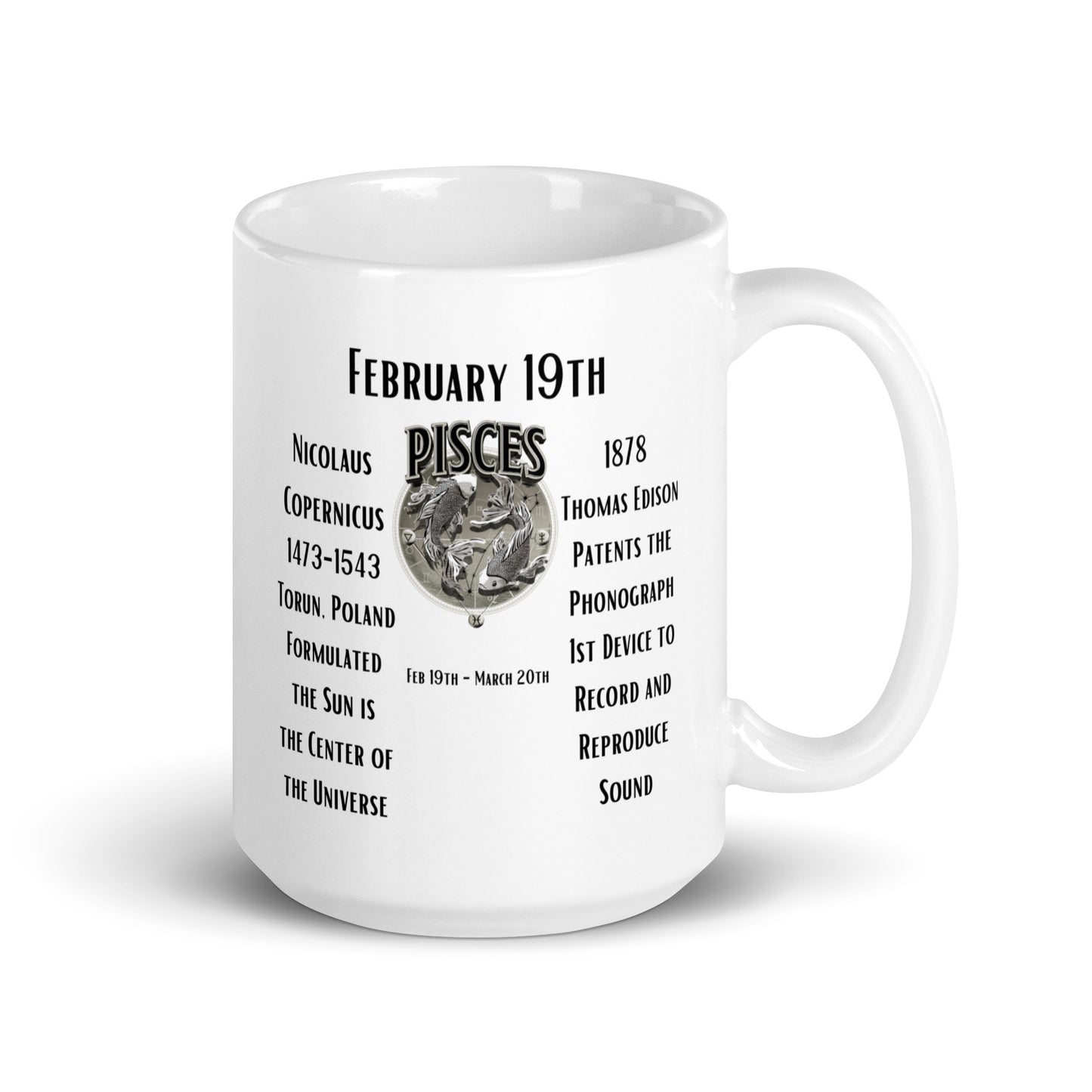 On This Day: Birthday Series - February 19th - (B) Nicolaus Copernicus & the Phonograph - White glossy mug