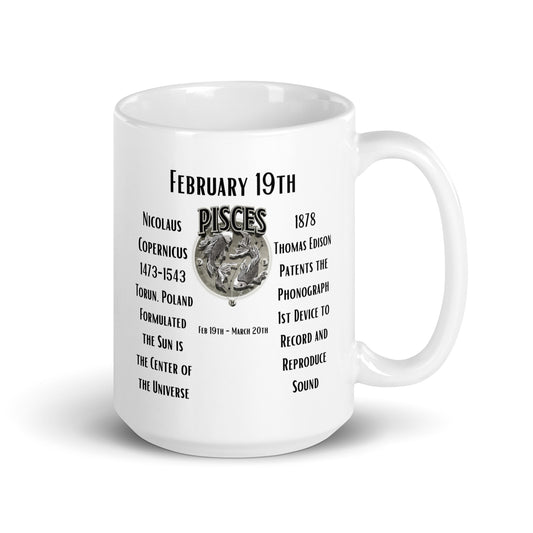 On This Day: Birthday Series - February 19th - (B) Nicolaus Copernicus & the Phonograph - White glossy mug