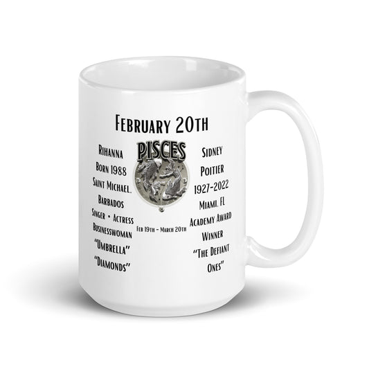 On This Day: Birthday Series - February 20th - (B) Rihanna & Sidney Poitier - White glossy mug