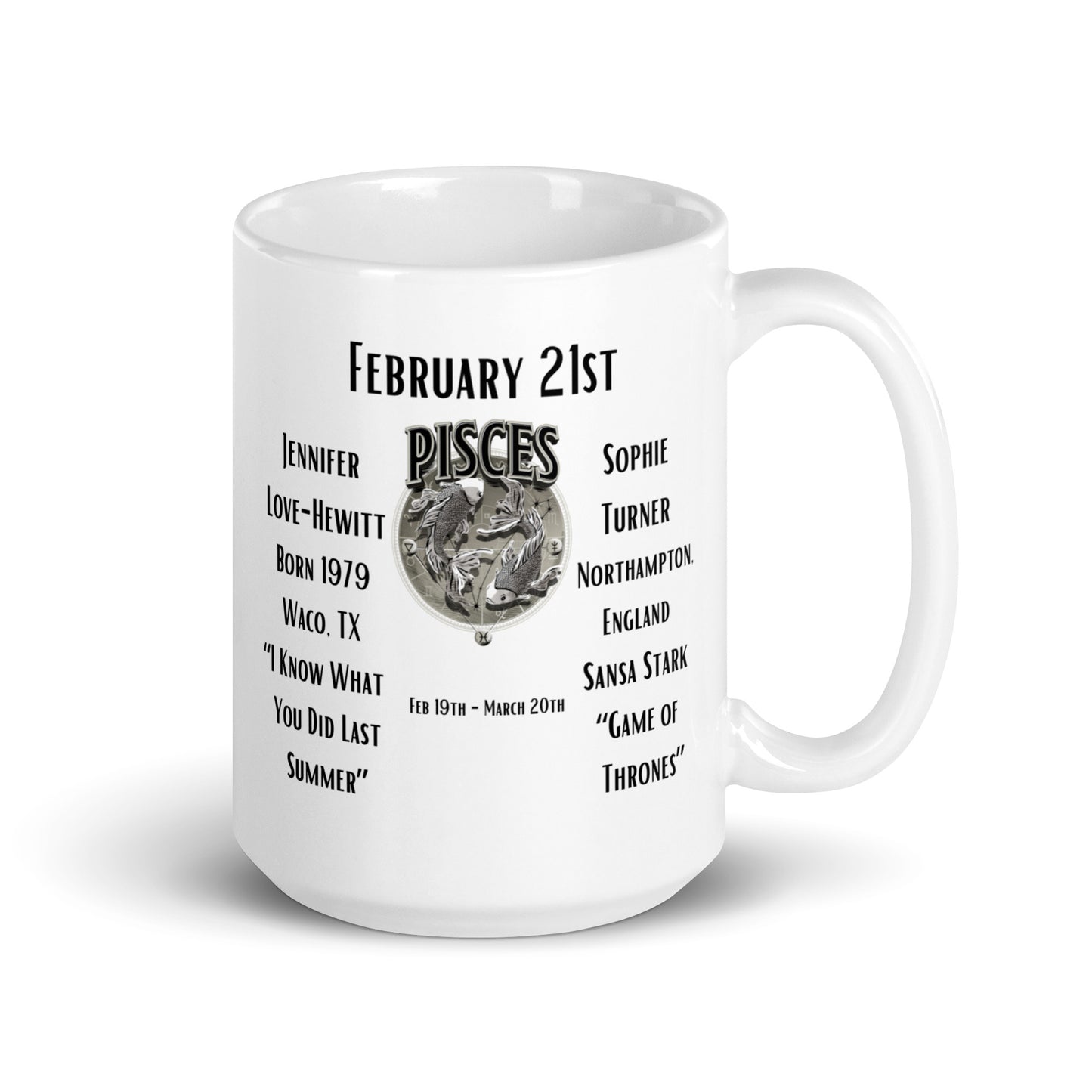 On This Day: Birthday Series - February 21st - (B) Jennifer Love-Hewitt & Sophie Turner - White glossy mug