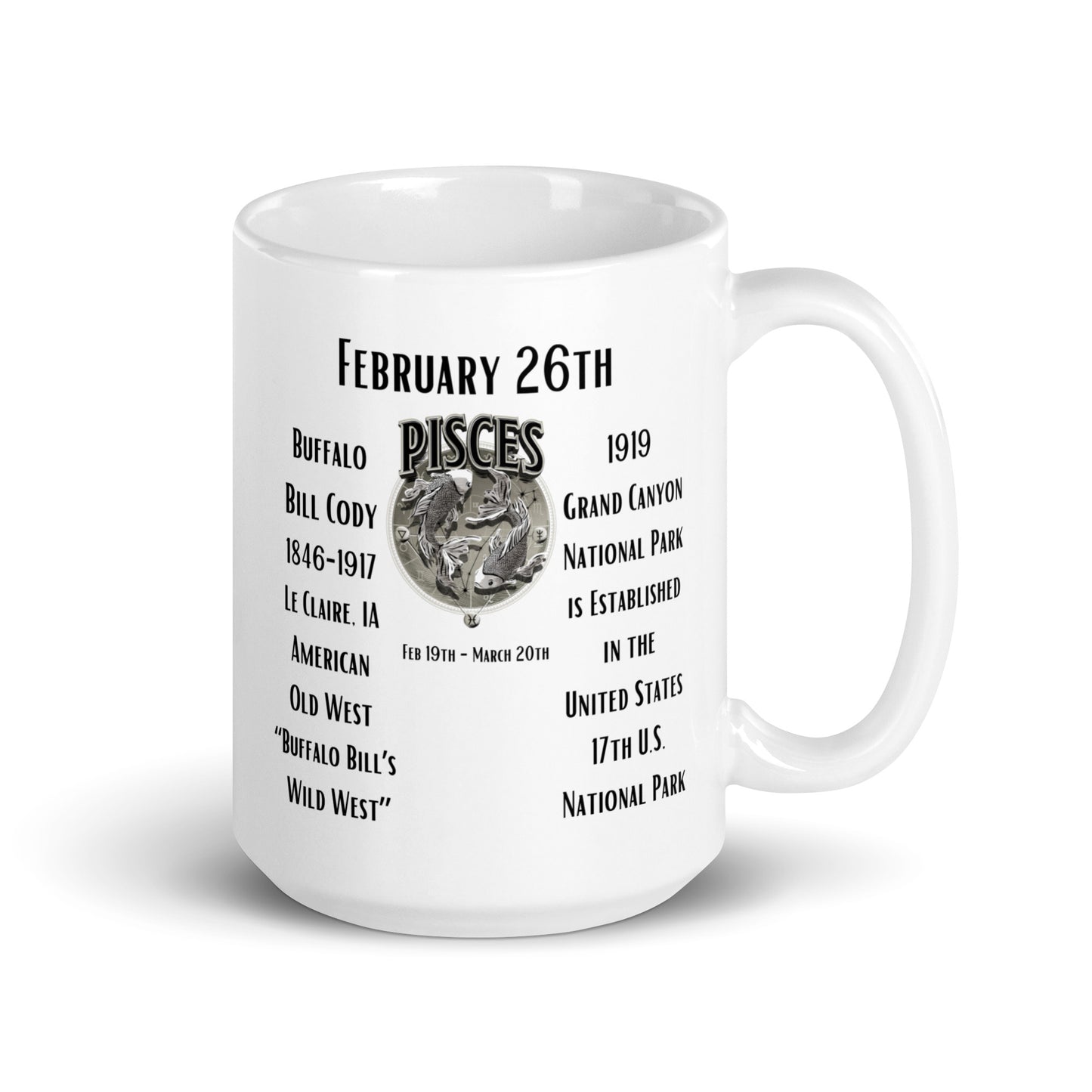 On This Day: Birthday Series - February 26th - (A) Buffalo Bill Cody & Grand Canyon National Park - White glossy mug