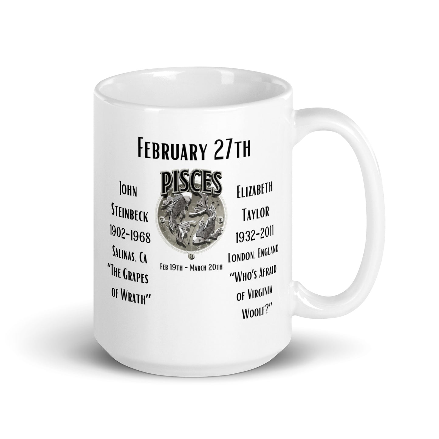 On This Day: Birthday Series - February 27th - (A) John Steinbeck & Elizabeth Taylor - White glossy mug