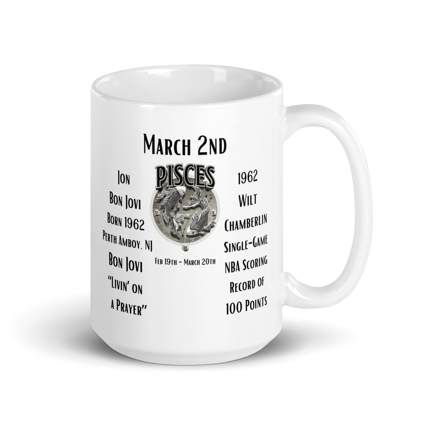 On This Day: Birthday Series - March 02nd - (A) Jon Bon Jovi & Wilt Chamberlin - White glossy mug