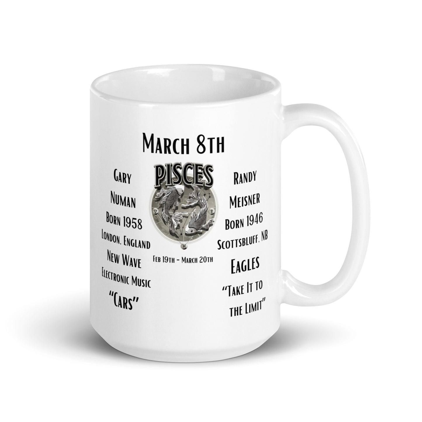 On This Day: Birthday Series - March 08th - (A) Gary Numan & Randy Meisner - White glossy mug