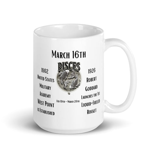 On This Day: Birthday Series - March 16th - (B) West Point & First Rocket Launch - White glossy mug