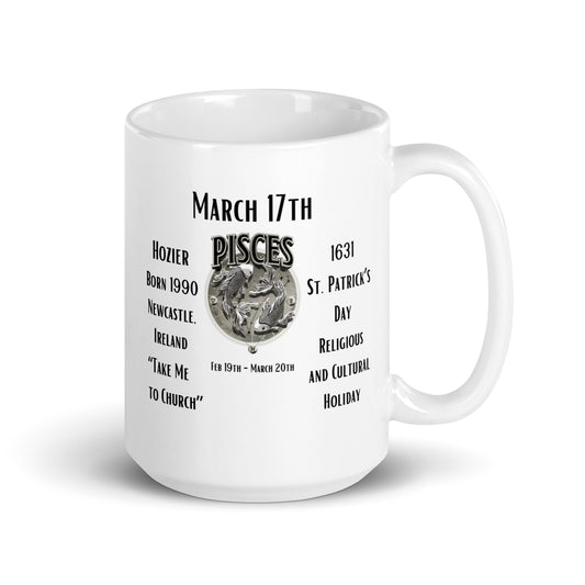 On This Day: Birthday Series - March 17th - (B) Hozier & St. Patricks Day - White glossy mug