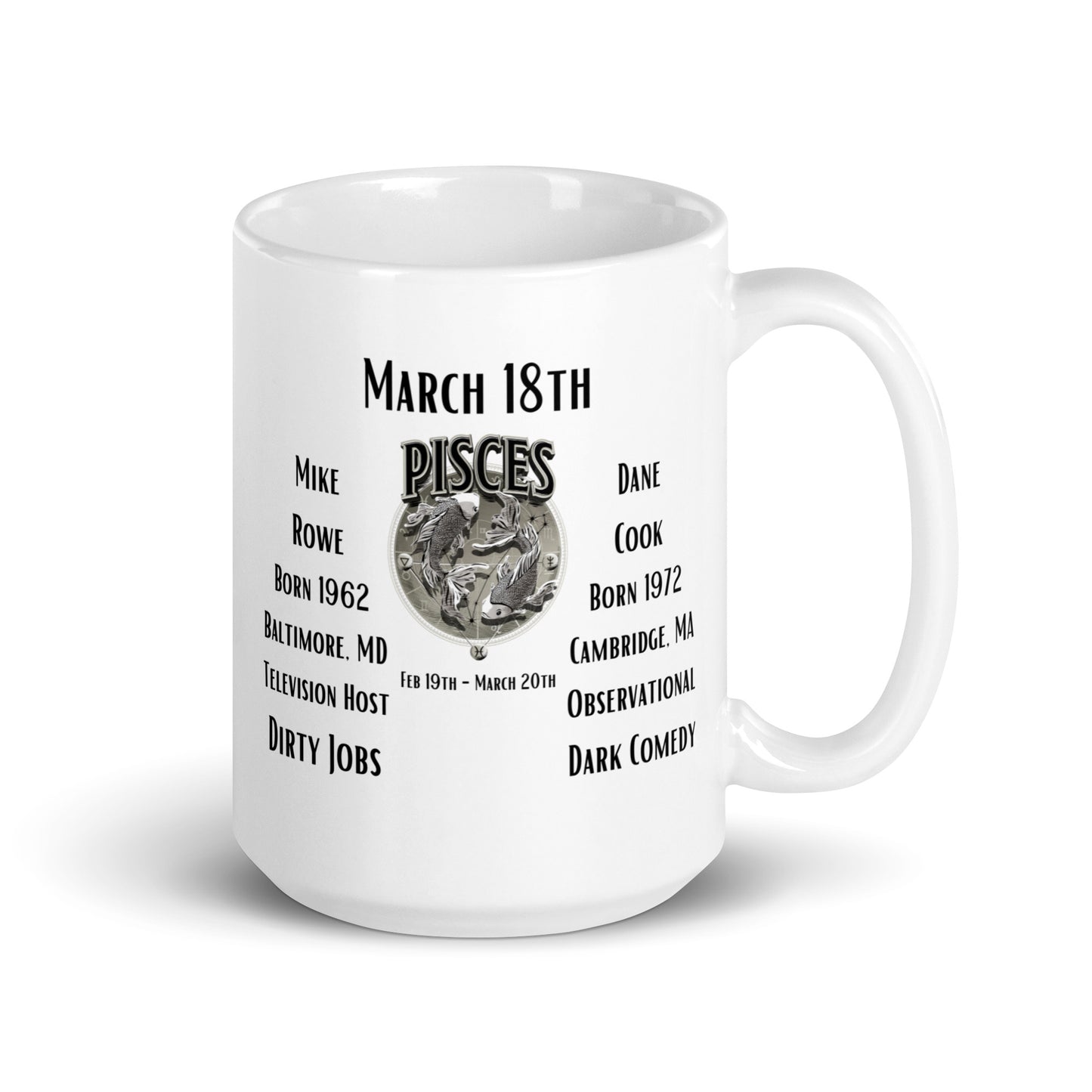 On This Day: Birthday Series - March 18th - (A) Mike Rowe & Dane Cook - White glossy mug