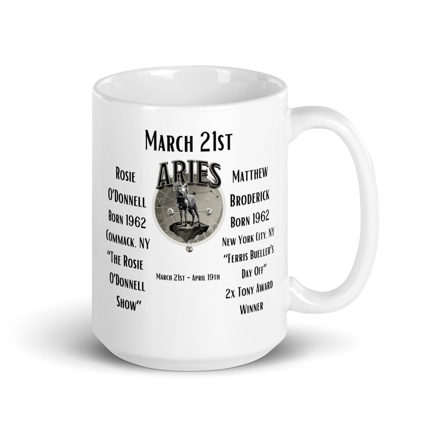 On This Day: Birthday Series - March 21st - (A) Rosie O'Donnell & Matthew Broderick - White glossy mug