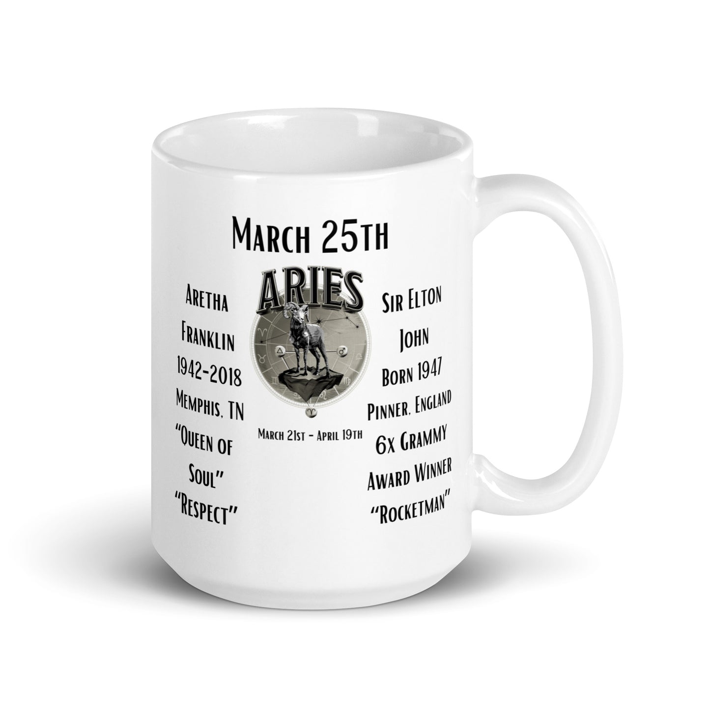 On This Day: Birthday Series - March 25th - (A) Aretha Franklin & Sir Elton John - White glossy mug