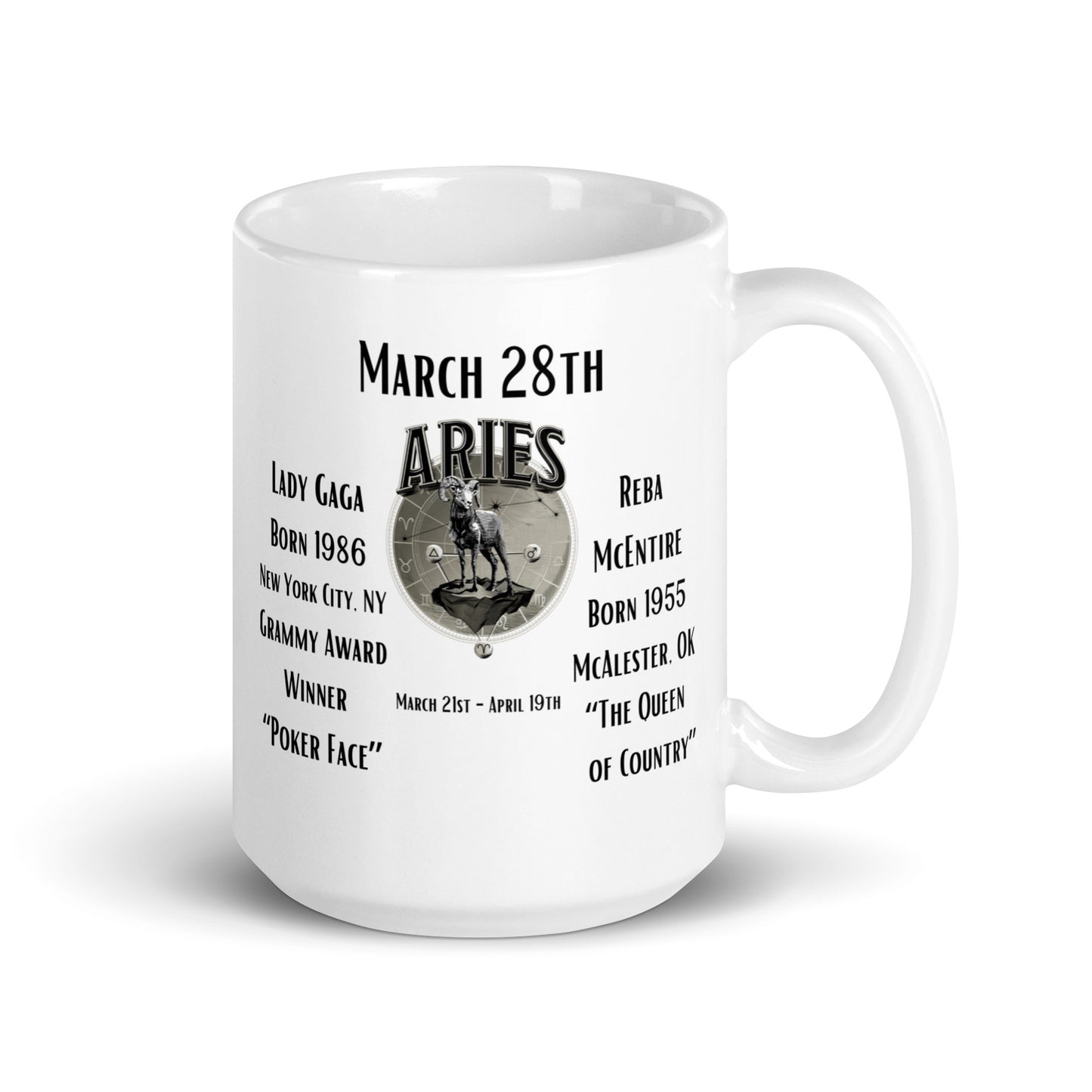 On This Day: Birthday Series - March 28th - (A) Lady Gaga & Reba McEntire - White glossy mug