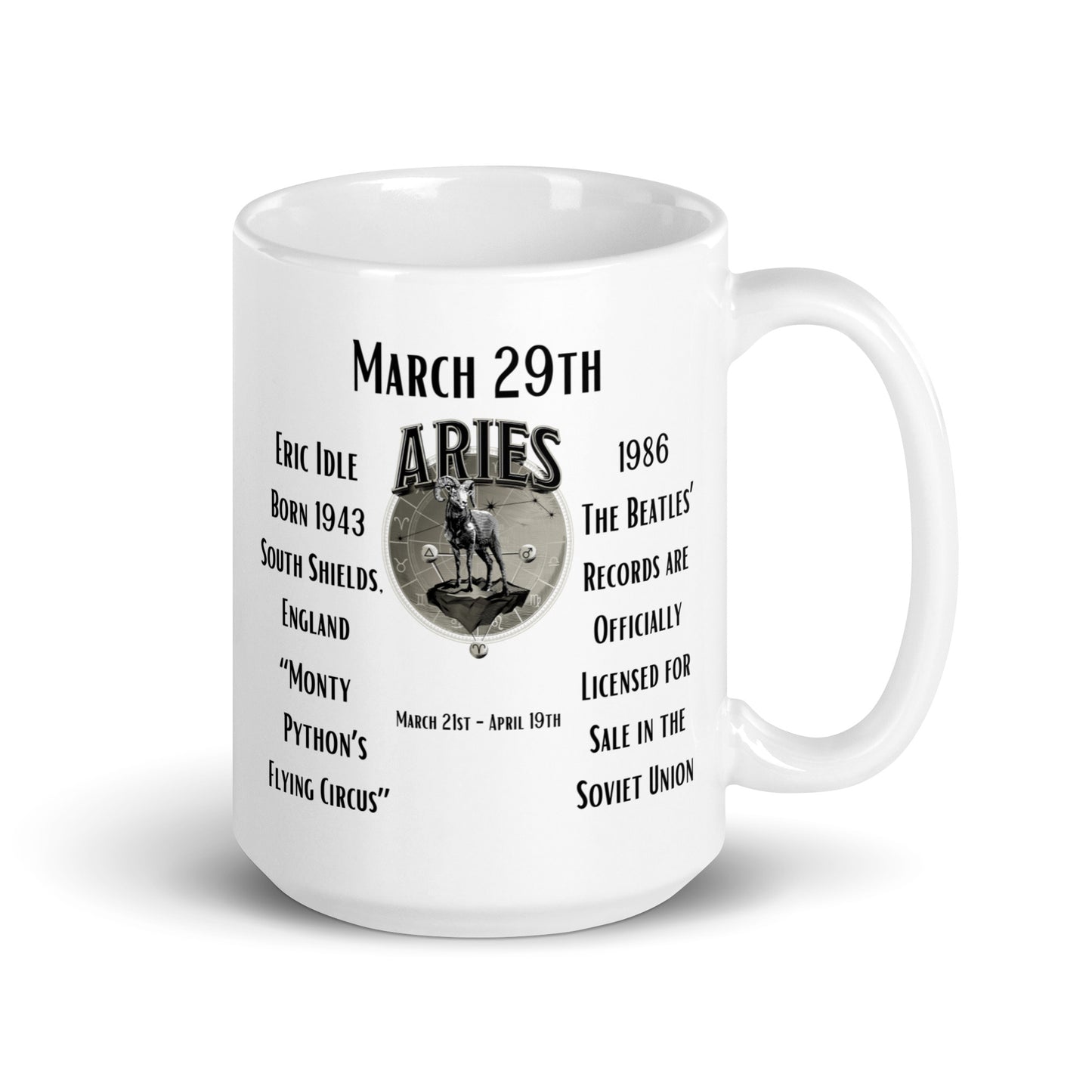 On This Day: Birthday Series - March 29th - (B) Eric Idle & The Beatles - White glossy mug