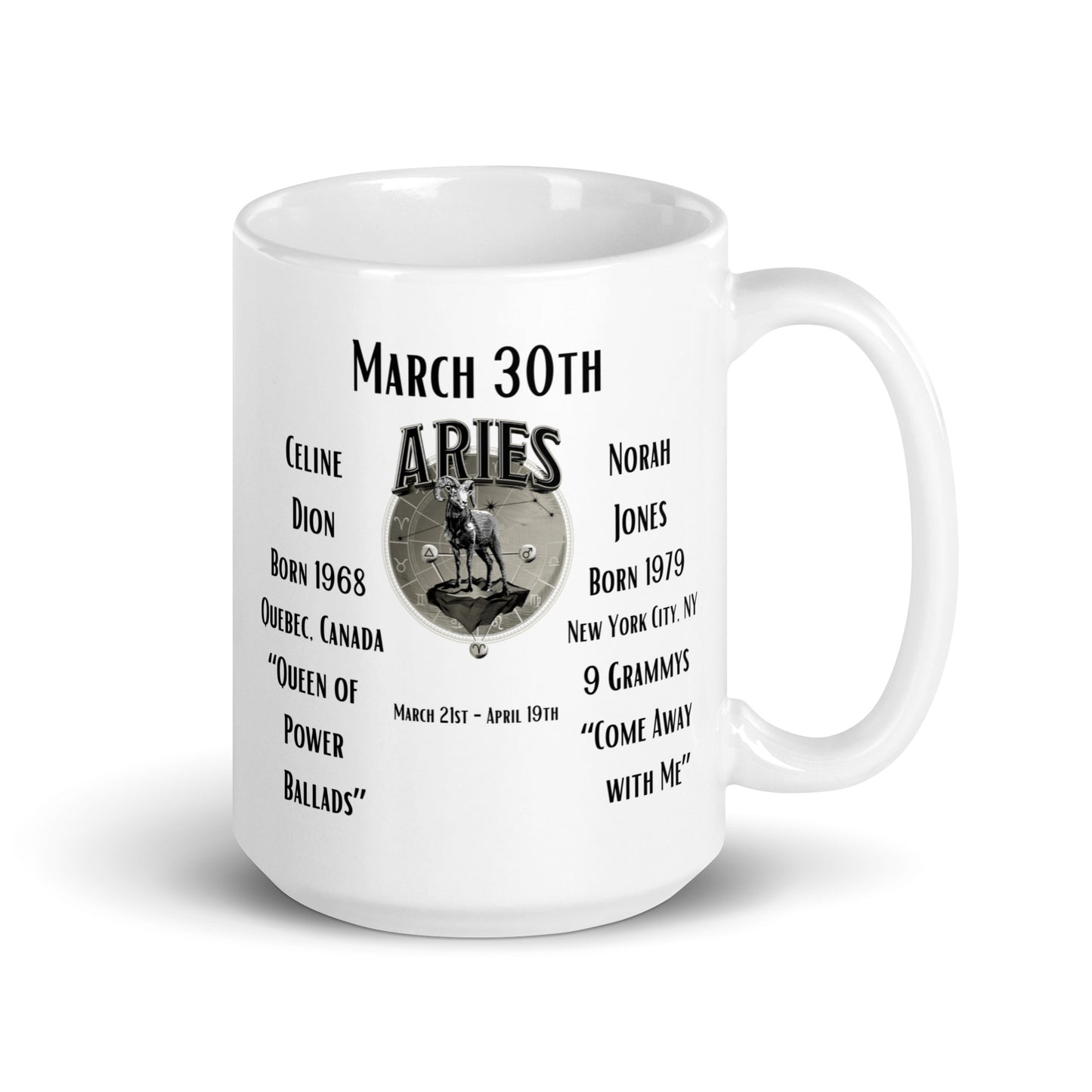 On This Day: Birthday Series - March 30th - (B) Celine Dion & Norah Jones - White glossy mug