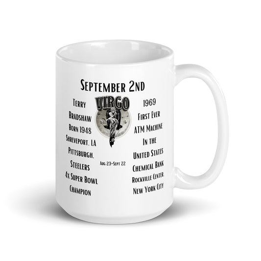 On This Day: Birthday Series - September 02nd - (B) Terry Bradshaw & First ATM - White glossy mug