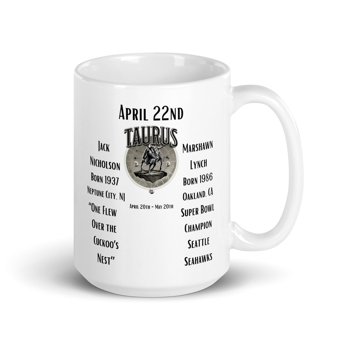 On This Day: Birthday Series - April 22nd - (A) Jack Nicholson & Marshawn Lynch - White glossy mug