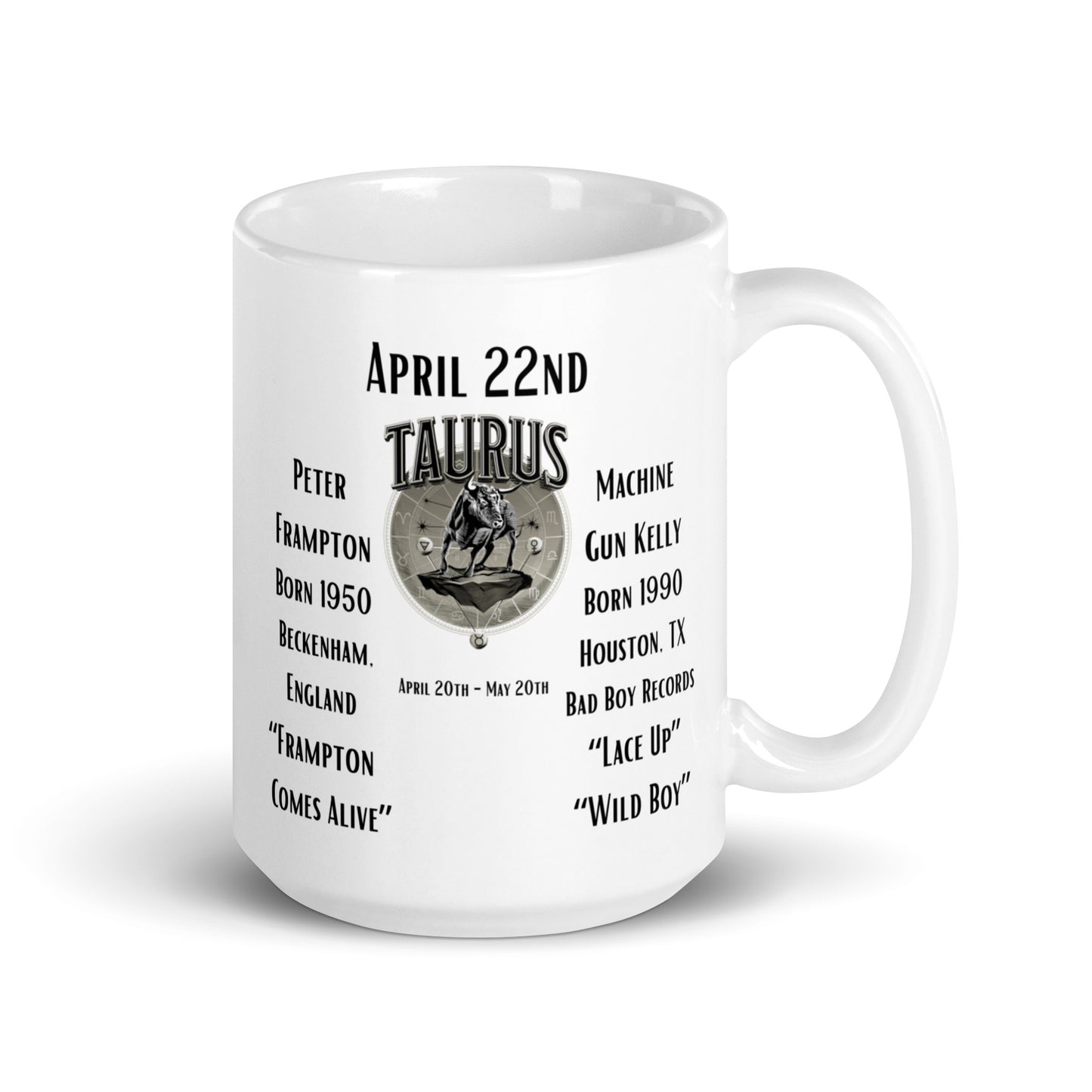 On This Day: Birthday Series - April 22nd - (B) Peter Frampton & Machine Gun Kelly - White glossy mug