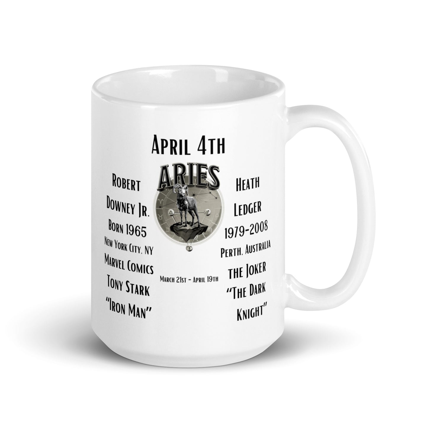 On This Day: Birthday Series - April 04th - (A) Robert Downey Jr. & Heath Ledger - White glossy mug