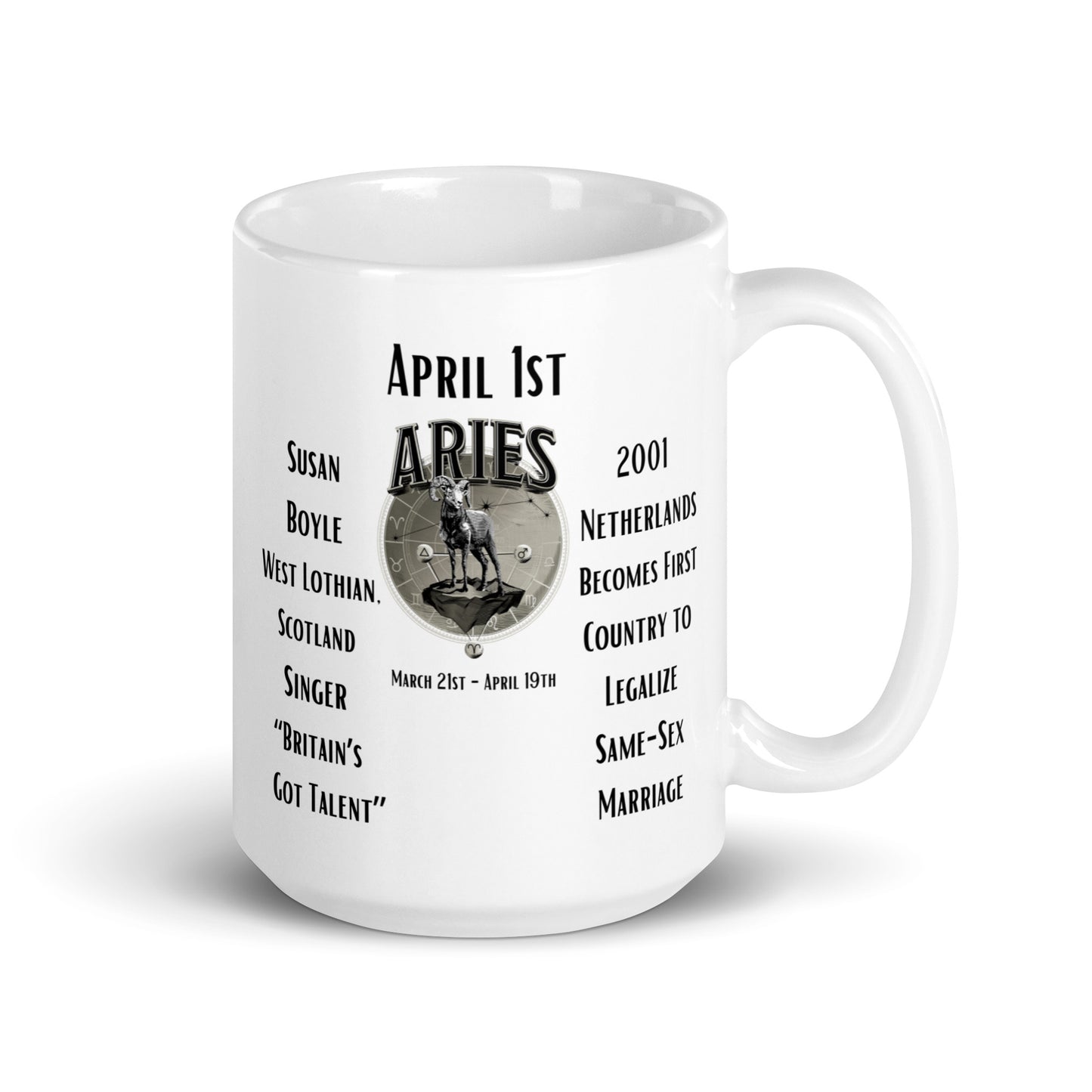 On This Day: Birthday Series - April 01st - (B) Susan Boyle & Same Sex Marriage - White glossy mug