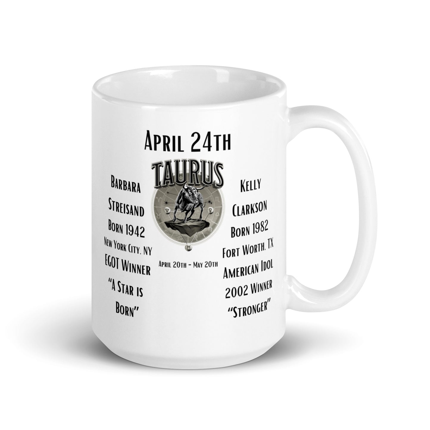 On This Day: Birthday Series - April 24th - (A) Barbara Streisand & Kelly Clarkson - White glossy mug