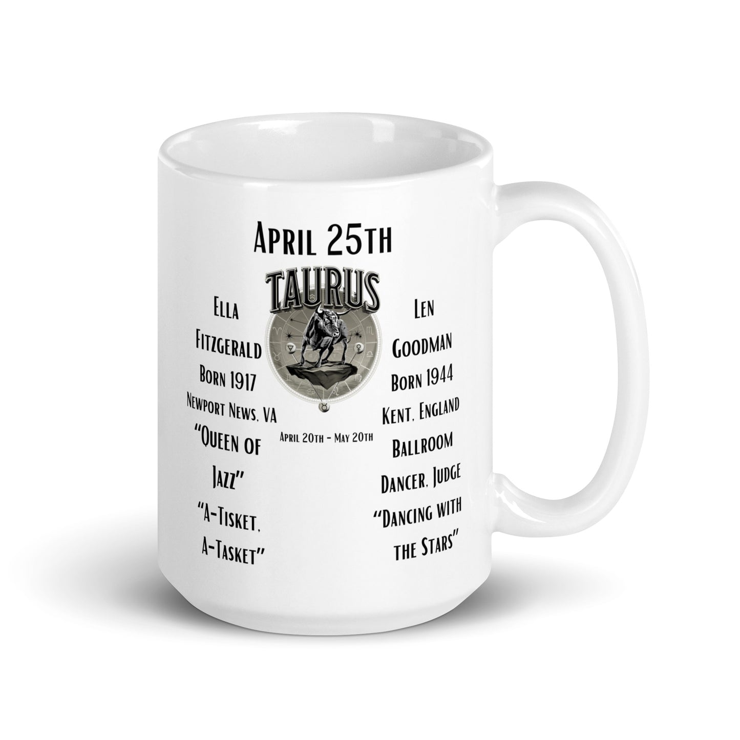 On This Day: Birthday Series - April 25th - (B ) Ella Fitzgerald & Len Goodman - White glossy mug