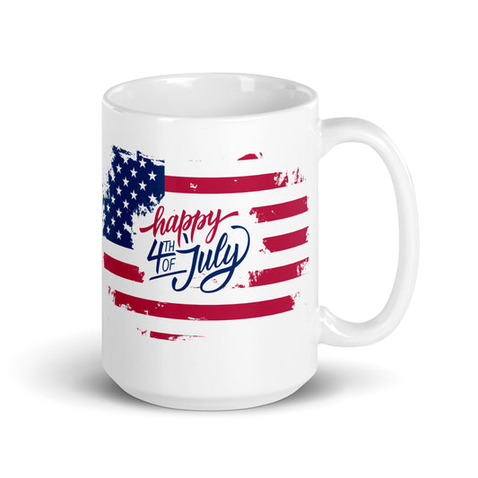 4th of July #01 "Happy 4th of July" w/ Print Inside American Flag White Glossy Mug