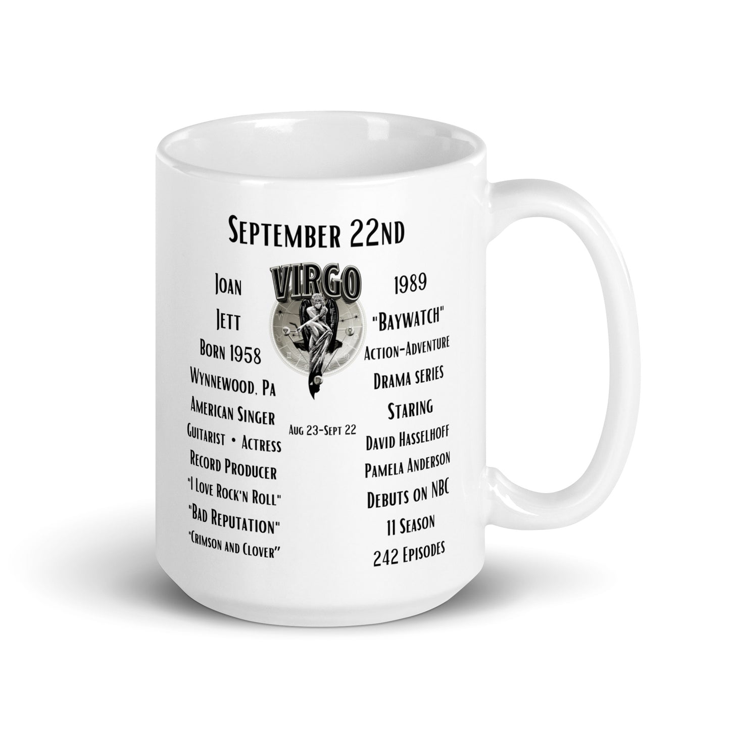 On This Day: Birthday Series - September 22nd - (B) Joan Jett & "Baywatch" - White glossy mug