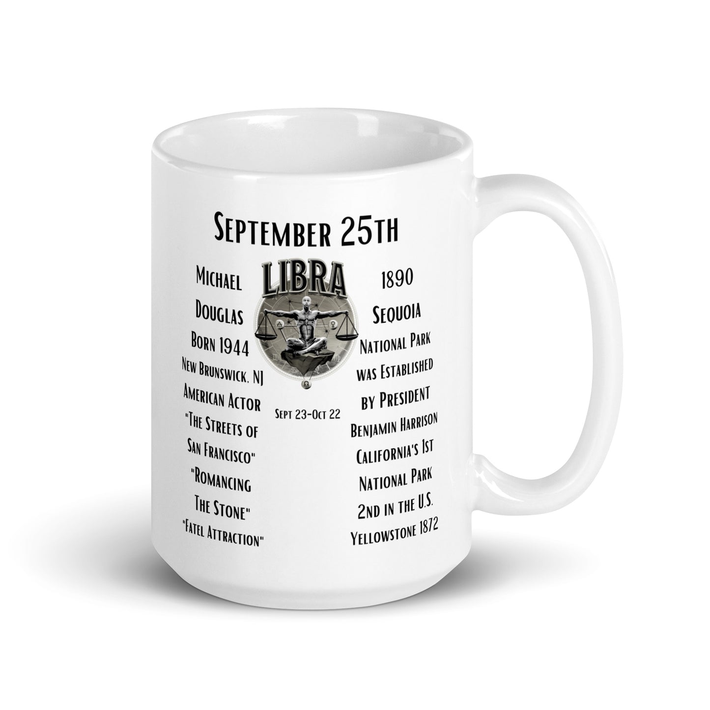 On This Day: Birthday Series - September 25th - (D) Michael Douglas & Sequoia Nation Park - White glossy mug