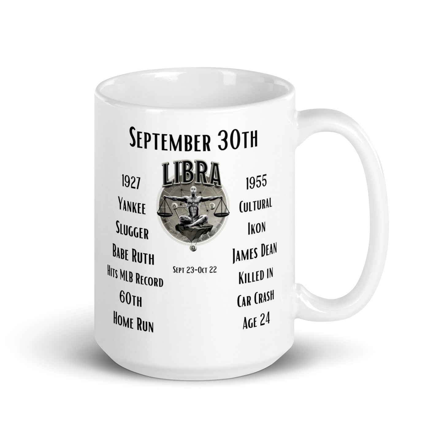 On This Day: Birthday Series - September 30th - (C) Babe Ruth & James Dean - White glossy mug