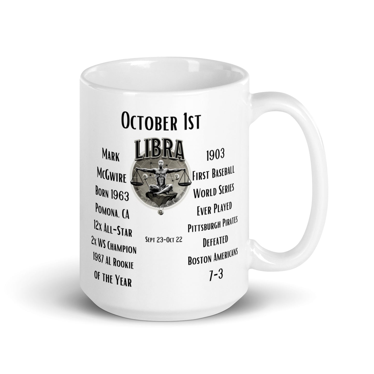 On This Day: Birthday Series - October 01st - (A) MLB Slugger Mark McGwire & 1st Ever World Series Game was Played - White glossy mug