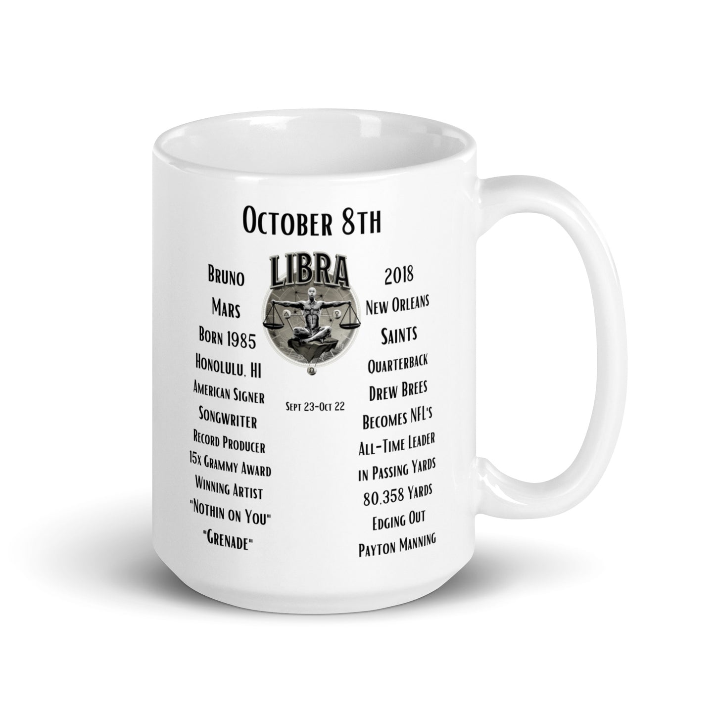 On This Day: Birthday Series - October 08th - (C) Bruno Mars & Drew Brees - White glossy mug