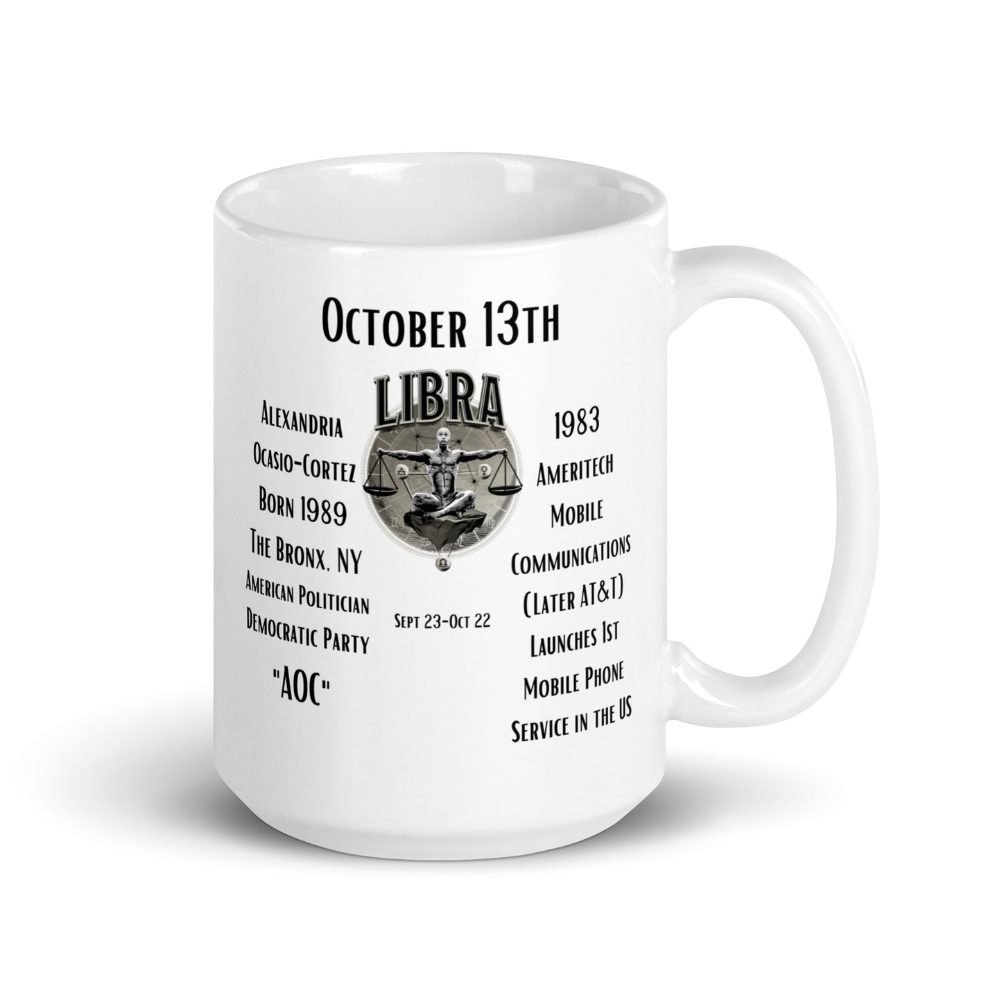 On This Day: Birthday Series - October 13th - (D) Alexandria Ocasio-Cortez & Mobile Communication - White glossy mug