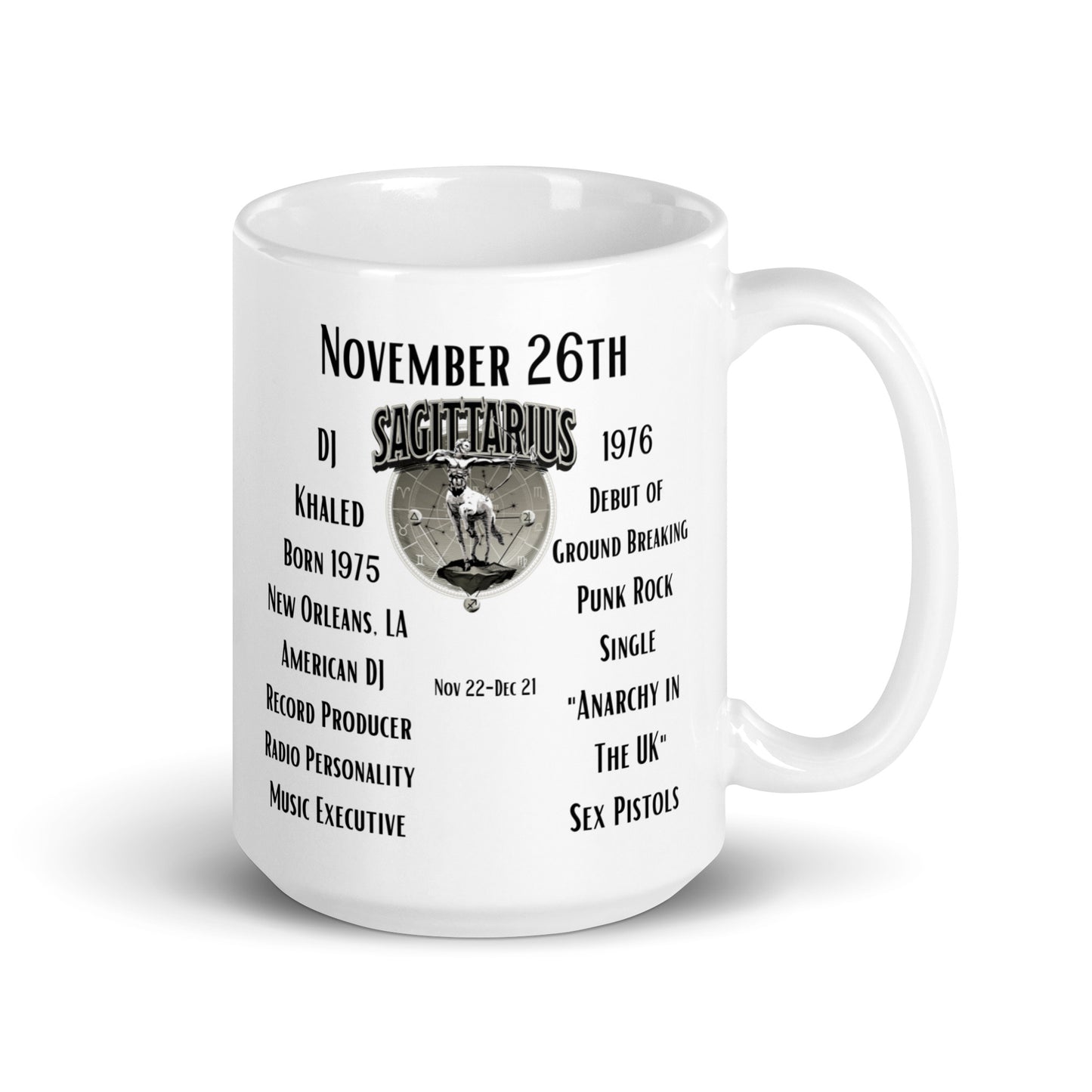 On This Day: Birthday Series - November 26th - (B) DJ Khaled & Sex Pistols - White glossy mug