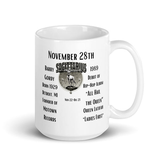 On This Day: Birthday Series - November 28th - (B) Berry Gordy & Queen Latifah - White glossy mug