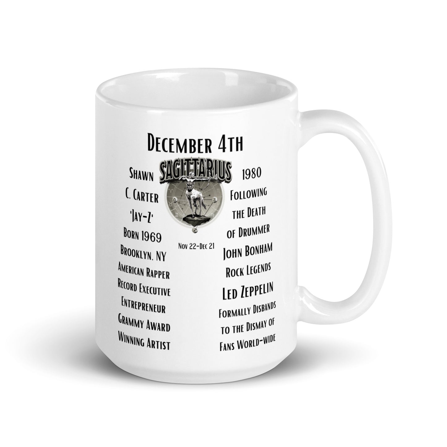 On This Day: Birthday Series - December 04th - (A) Jay-Z & Led Zeppelin - White glossy mug