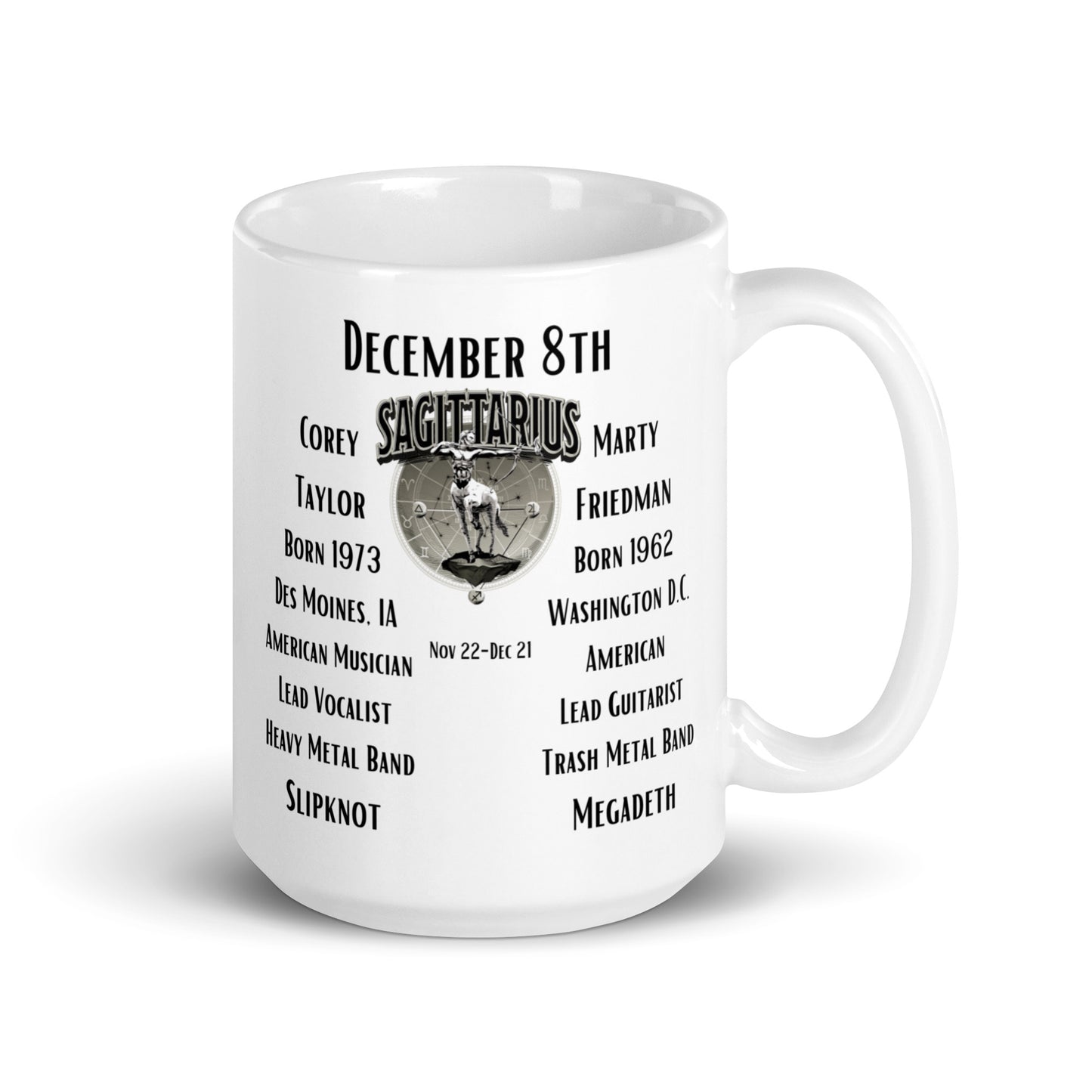 On This Day: Birthday Series - December 08th - (D) Slipknot & Megadeth - White glossy mug