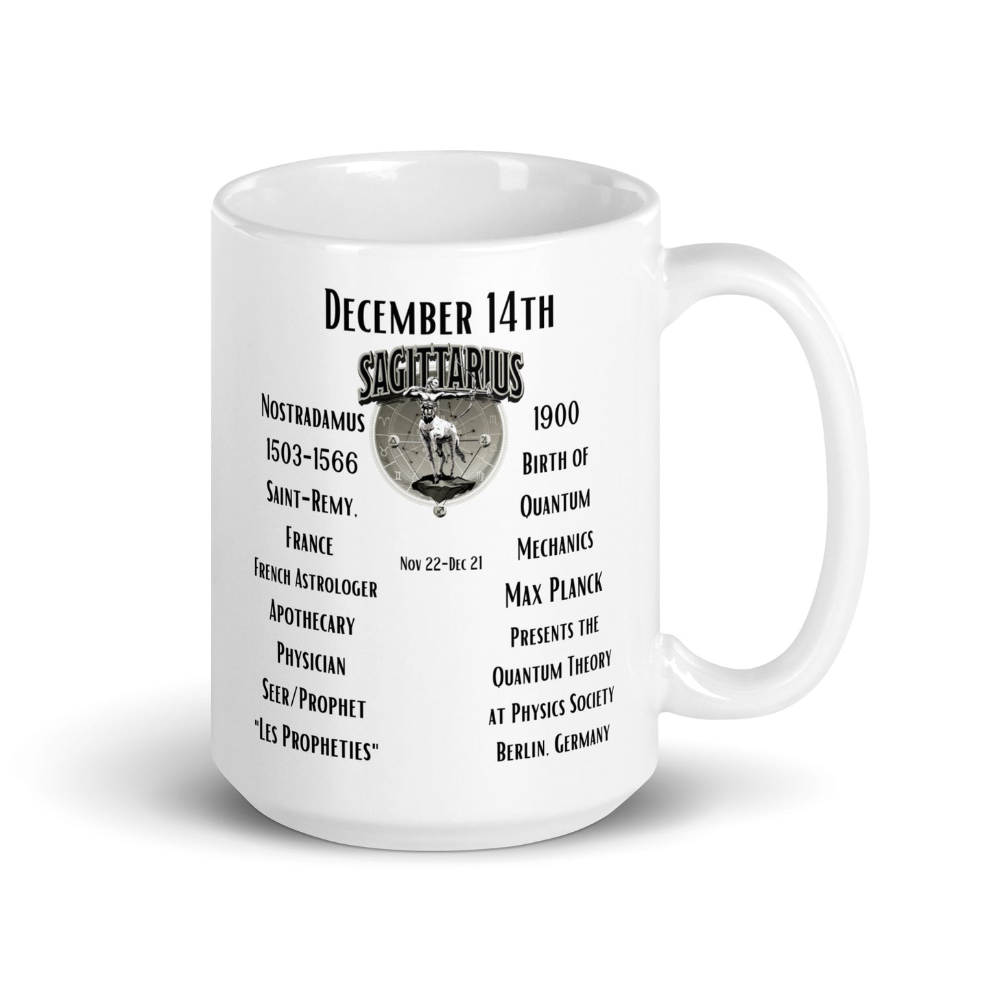 On This Day: Birthday Series - December 14th - (A) Nostradamus & Quantum Mechanics - White glossy mug